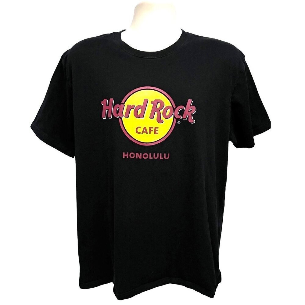 Hard Rock Cafe Honolulu Classic Logo Mens Black Graphic T-Shirt XL Stretch